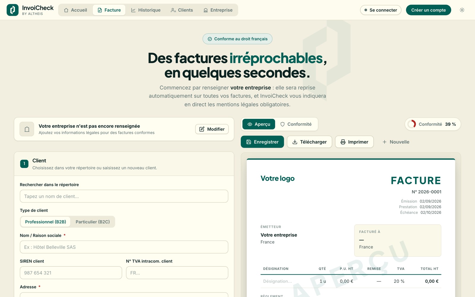 Éditeur de facture InvoiCheck avec le contrôle de conformité en direct